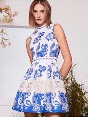 Alexis White & Blue Floral Fit-and-Flare Dress